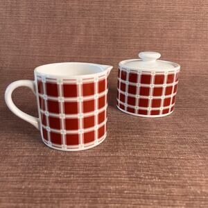 Nautica Cream & Sugar Set • 2003 • Red‑White Plaid Pattern • Vintage Kitchen